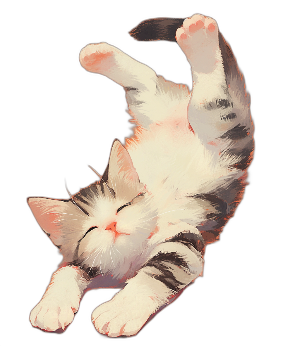 A white and grey cat, a cute kitten sleeping on its back with paws up in the air, a digital illustration with a black background, in the style of cute anime.