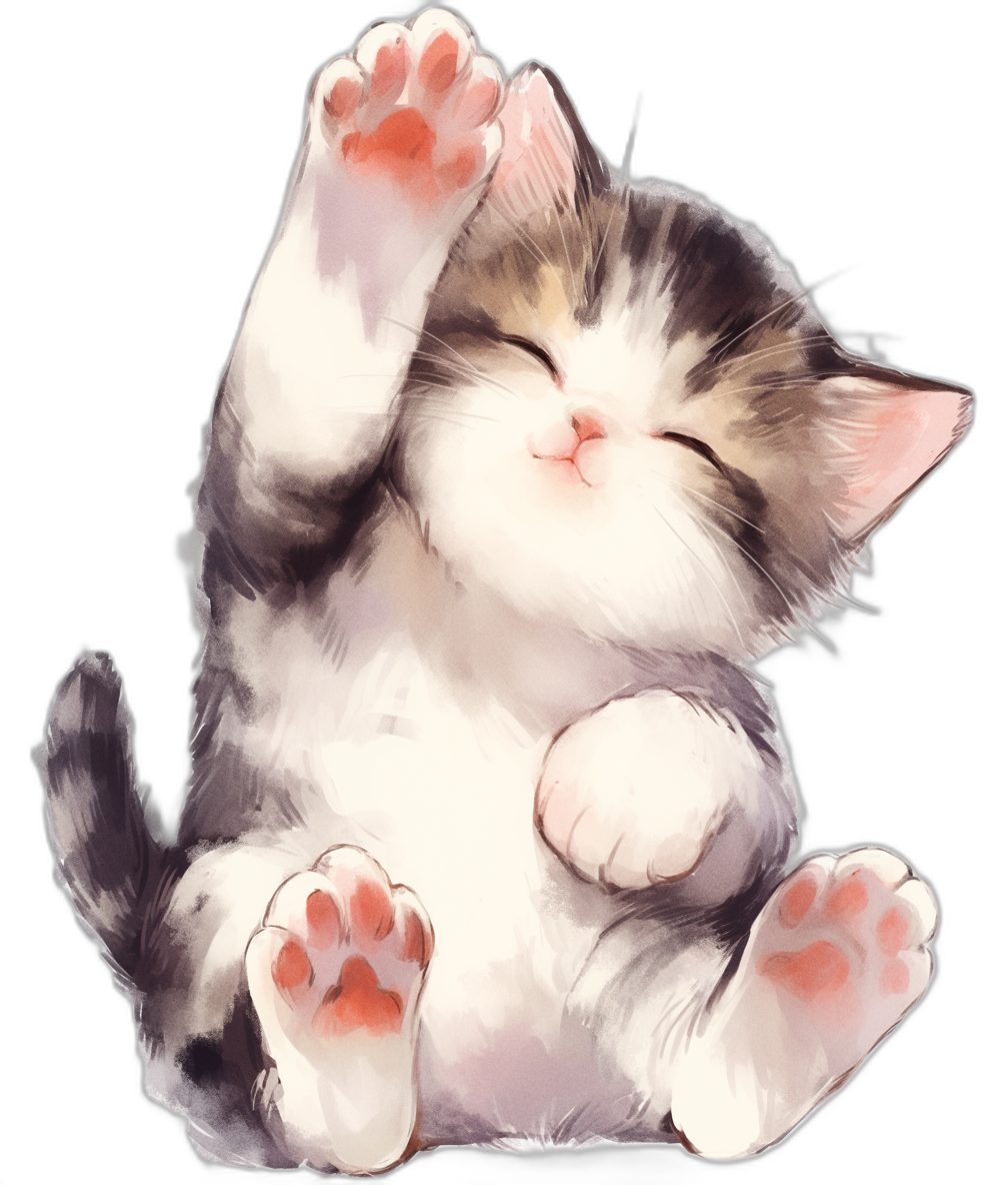 A cute cat with a happy expression lying on its back with paws raised up in the air against a black background in the style of anime watercolor, high definition illustration with a cute, high resolution sticker design and white border.