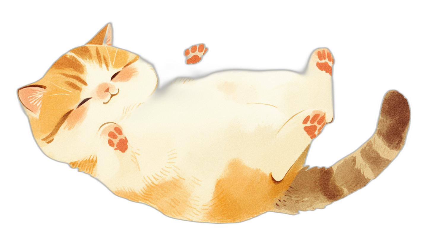 A cute orange and white cat is lying on its back, paws up in the air, with a smiling expression, on a black background, in a simple flat style illustration, in the style of Japanese animation, in the style of Qversion manga art, colorful cartoon handdrawn drawing, watercolor painting, high definition.