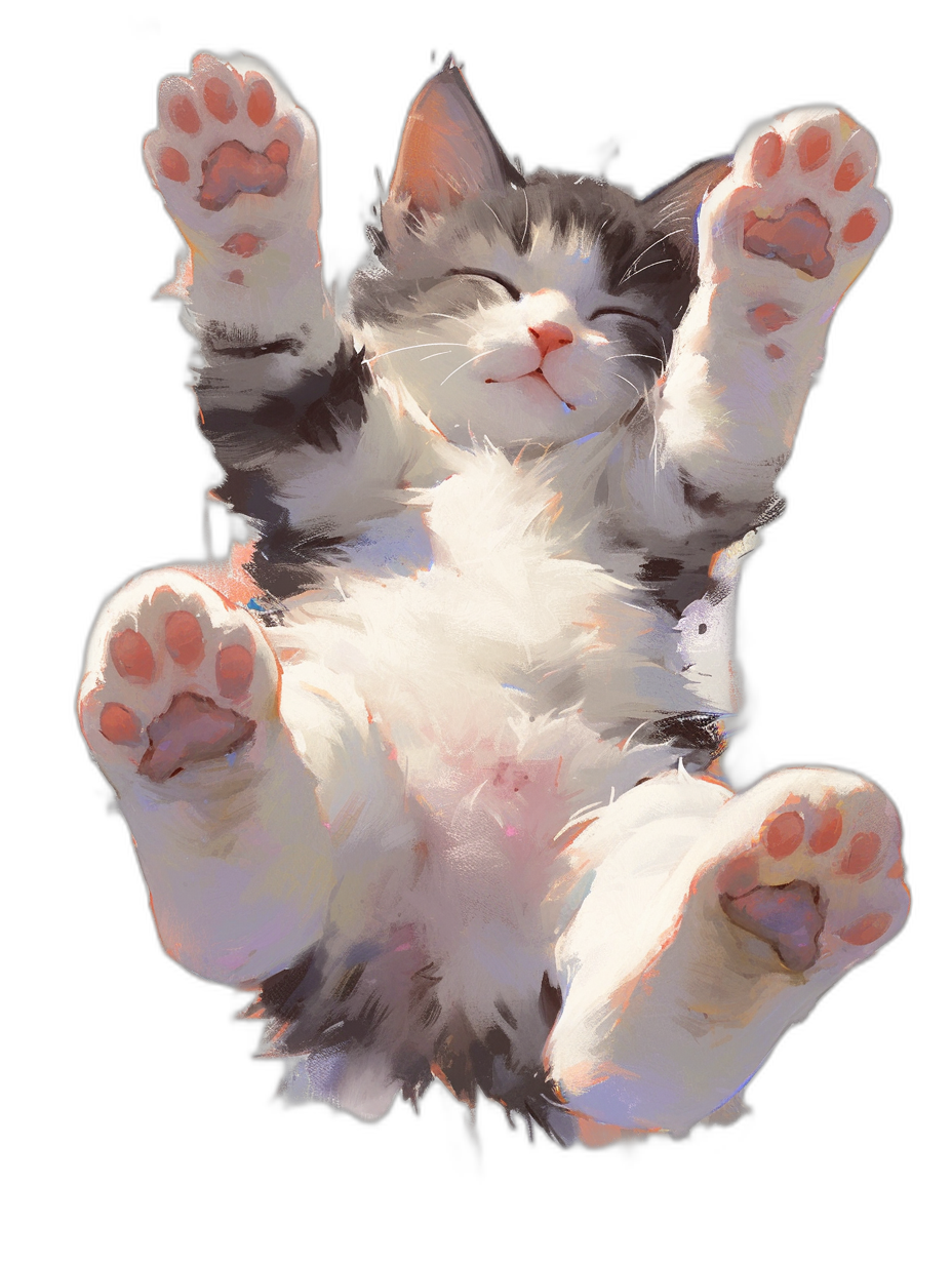 Cute cat with two paws raised, black background, cute, happy expression, simple strokes, in the style of anime, high definition, painted illustration, simple details, full body shot, high resolution, bright colors, high quality, high detail, super clear, solid color background. A white and gray kitten lies on its back, smiling happily, holding up both paws to be photographed. It has pink claws that are clearly visible, with delicate fur texture, shiny eyes, soft lighting, and a warm atmosphere.