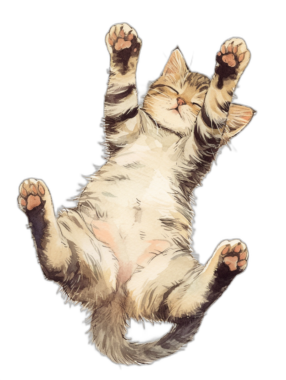 A cute cat lies on its back, legs up in the air, smiling and stretching its tail upwards. The illustration is done with watercolor, set against a black background.