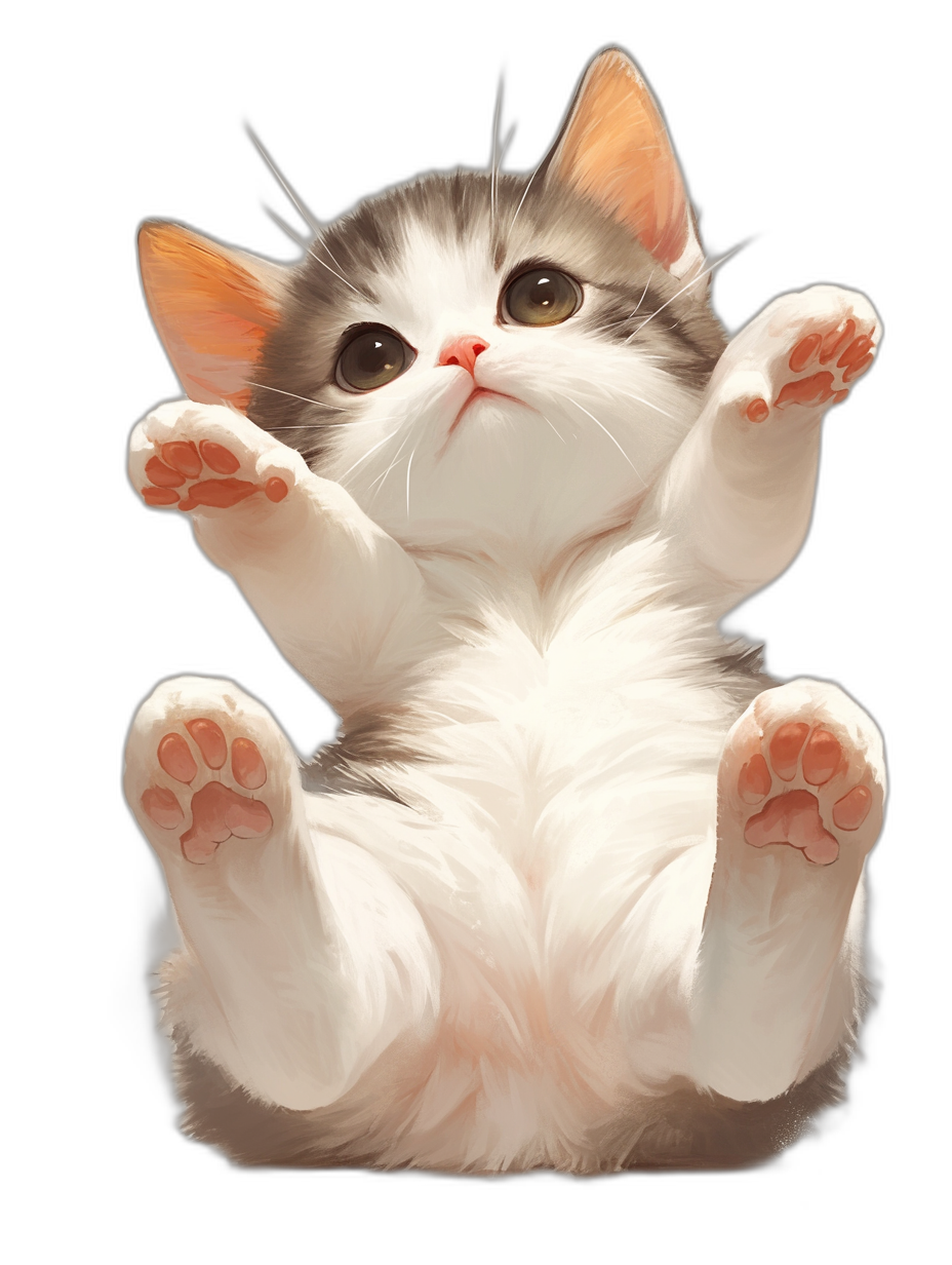 A white and grey kitten sitting on its hind legs with paws raised in the air against a black background. The kitten is depicted in the style of cute anime art with big eyes, detailed fur texture, and an adorable expression and pose. It is a digital illustration with soft lighting and a closeup view in high resolution.