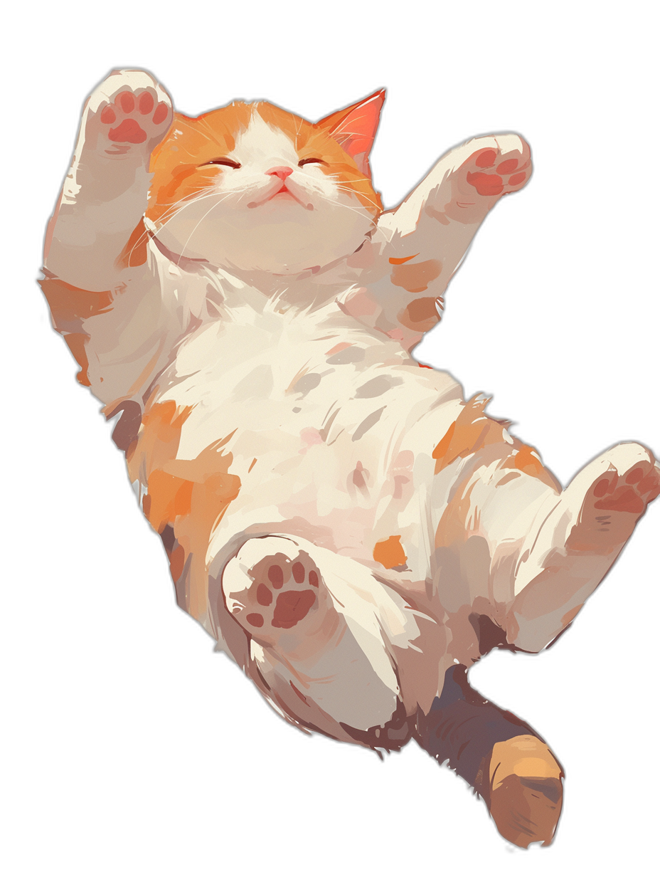 Cute orange and white cat floating in the air, happy expression, black background, digital illustration style