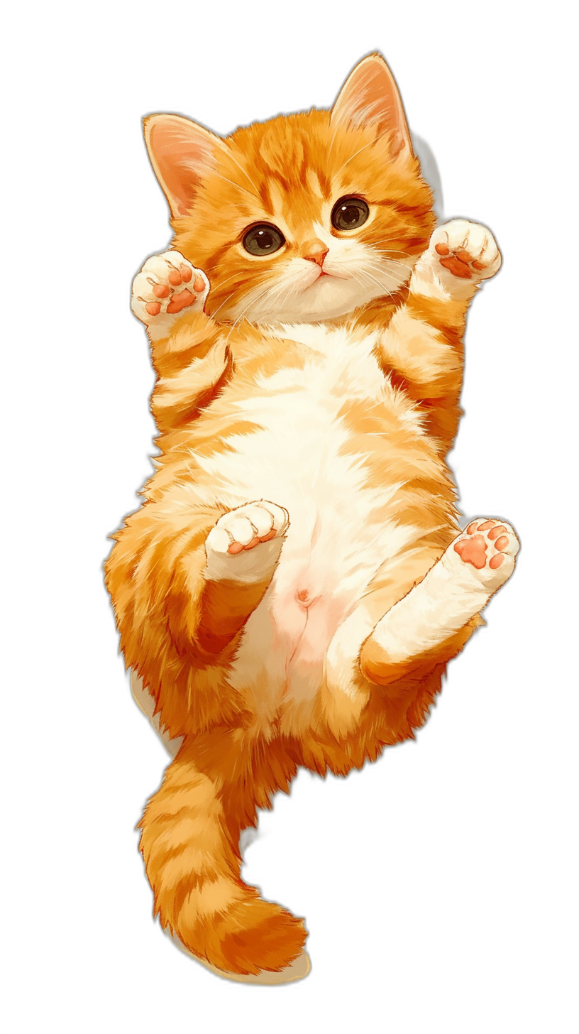 Cute orange and white kitten jumping in the air in a full body shot against a black background in the style of an illustration with a high definition wallpaper style.