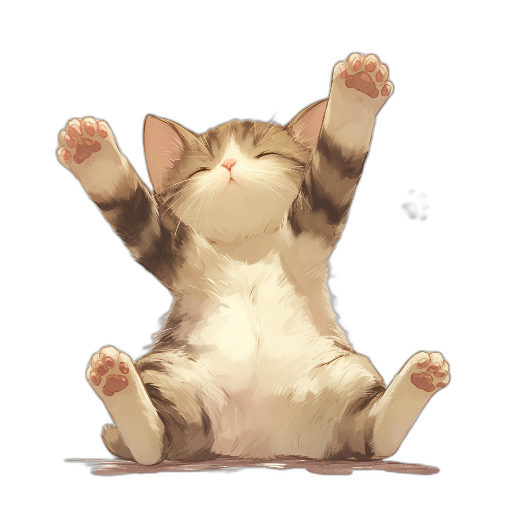 Cute cat doing yoga in a stretching pose with a happy expression. The illustration style is simple with a black background and in the style of anime art. The design is simple and clean with a high resolution and no shadows on the body.