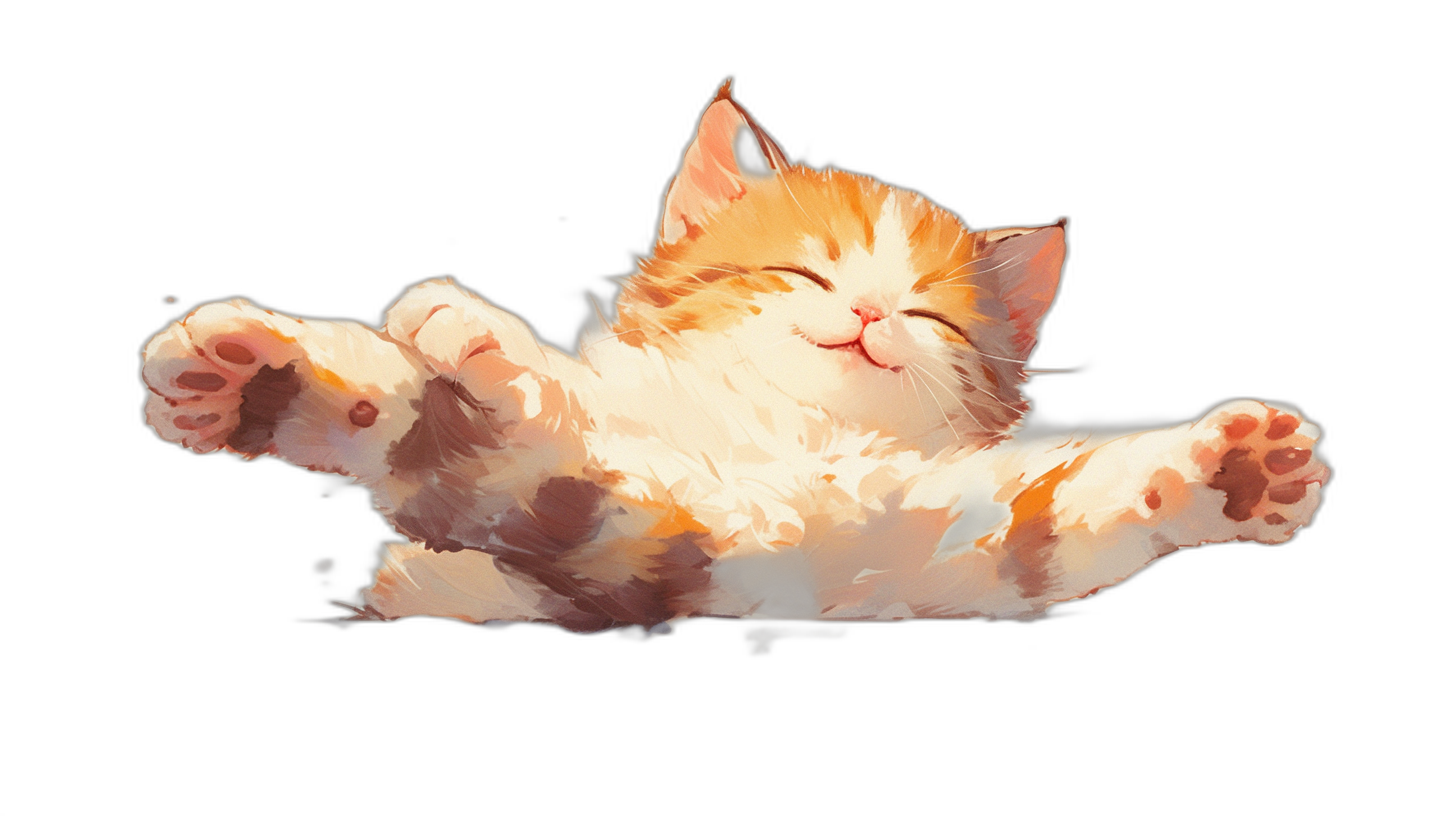 A cute orange and white kitten is floating in the air, smiling with its eyes closed, its paws outstretched to grab something, its tail curled up behind it on a black background. The illustration is in the cute style of anime with a watercolor painting technique.