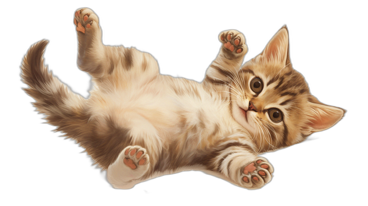 illustration of playful kitten rolling over, black background, high resolution