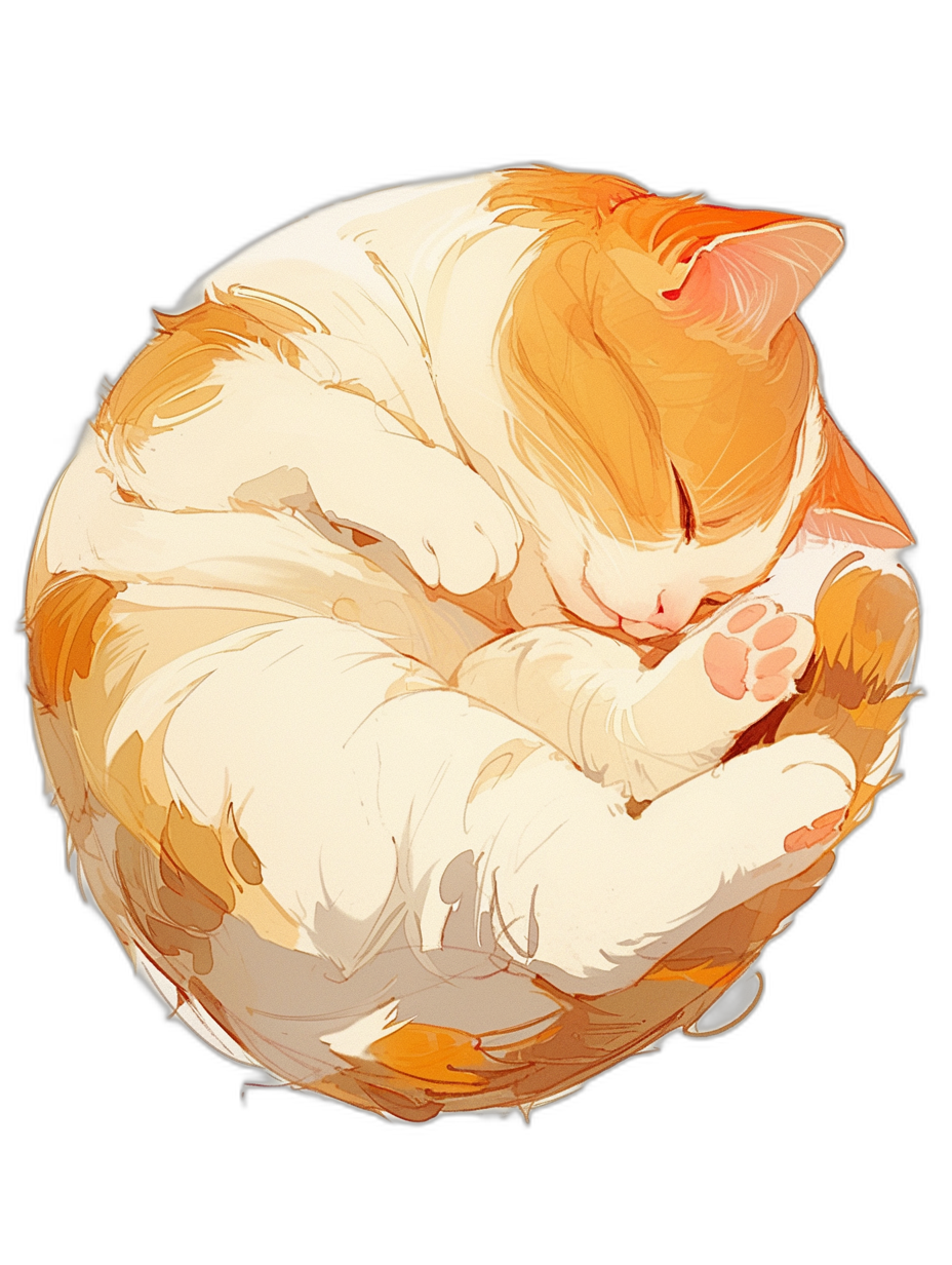 A round orange and white cat curled up sleeping. A cute illustration in the anime style with a simple black background and detailed shading. The vector art is hyperrealistic and hyperdetailed with high resolution, in the style of [Loish](https://goo.gl/search?artist%20Loish) and [Walt Disney](https://goo.gl/search?artist%20Walt%20Disney). It has a celshaded look with soft lighting against a solid color background and no shadows. The cat is in sharp focus with a full body shot from a zoomed out, wide angle view.