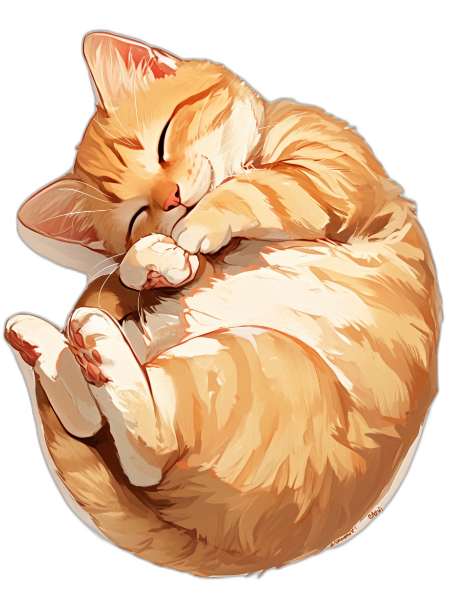 A cute orange cat curled up sleeping, in the style of anime, on a black background, vector art, digital painting, with high detail, smooth lines, perfect shading and lighting, at a high resolution.