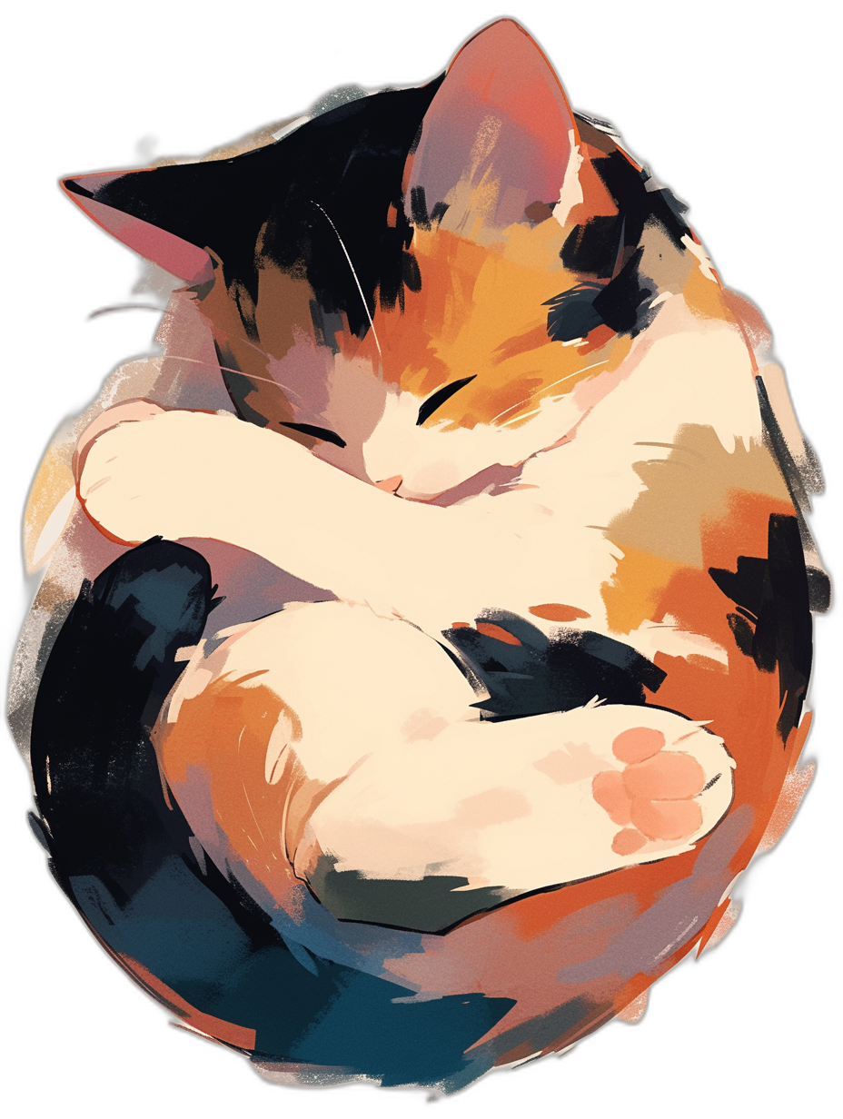 A calico cat curled up sleeping, digital illustration in the style of [Studio Ghibli](https://goo.gl/search?artist%20Studio%20Ghibli) and [Loish](https://goo.gl/search?artist%20Loish), vector art style on a black background, with warm colors, cute, playful brush strokes, simple shapes, low details, anime inspired artwork using digital painting techniques, soft lighting.