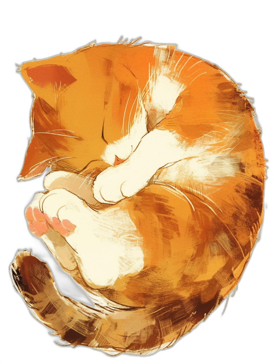 A cute orange and white cat curled up sleeping in a simple drawing style as a vector illustration on a black background with simple details and warm colors like a digital art with brush strokes. The cat is depicted in cute detail with high resolution, high quality and high definition on a bright color scheme reminiscent of a cartoon character design.