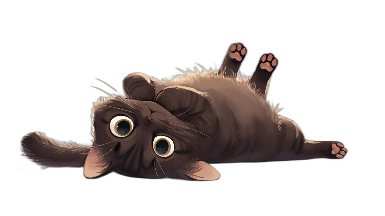 A cute brown cat rolling over on its back, big eyes, cartoon style, black background, digital art in the style of [Krenz Cushart](https://goo.gl/search?artist%20Krenz%20Cushart) and Thomas rocchetti, simple design, solid colors, in the style of [Studio Ghibli](https://goo.gl/search?artist%20Studio%20Ghibli), anime