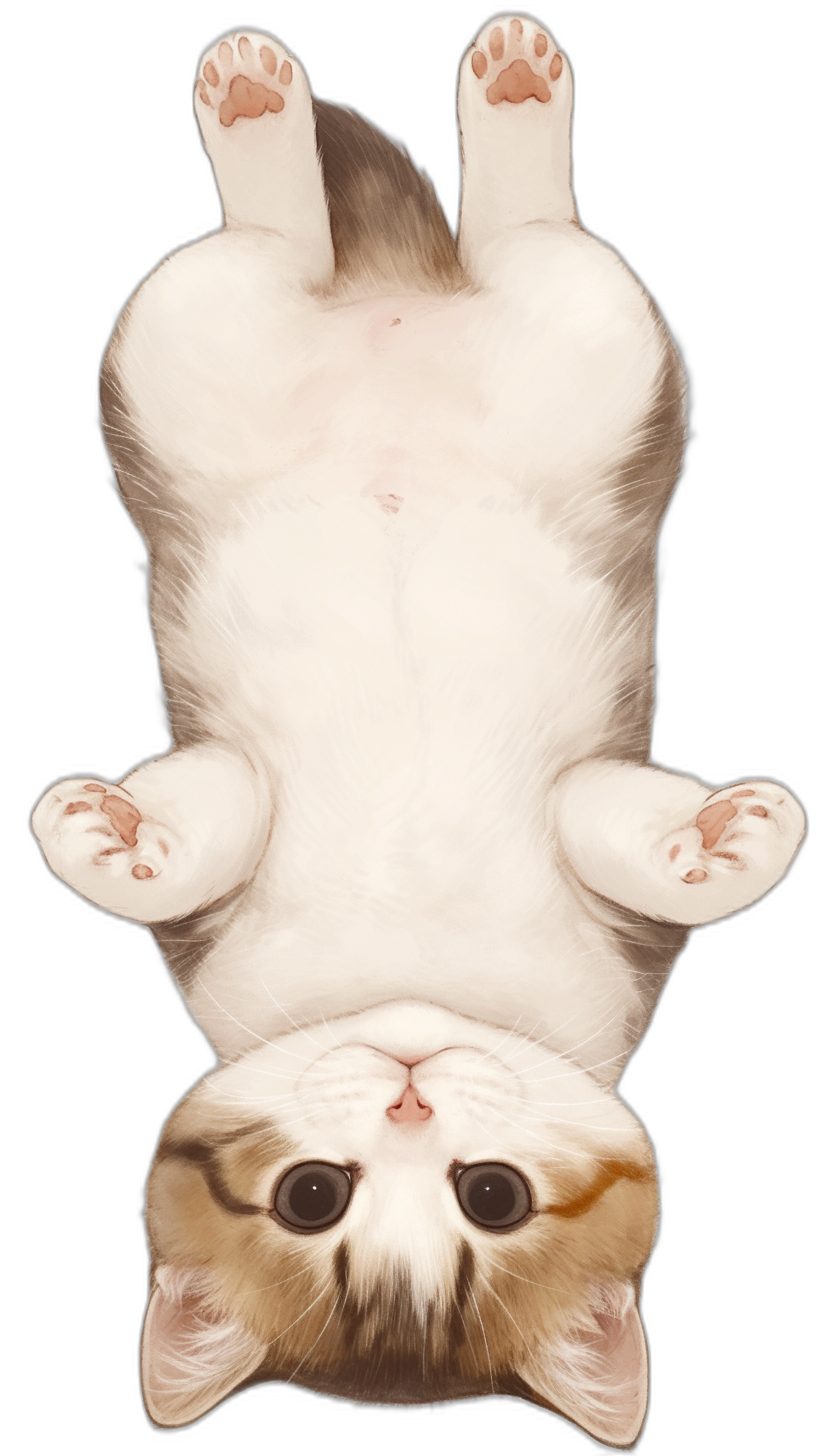 A cute white and brown cat, upside down on its back legs with black background, top view, full body shot, detailed illustration, digital art, cute cartoon style, high resolution