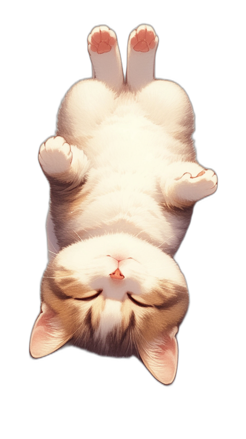 Cute fat cat sleeping upside down in the style of cute cartoon style, isolated on black background, high resolution photography