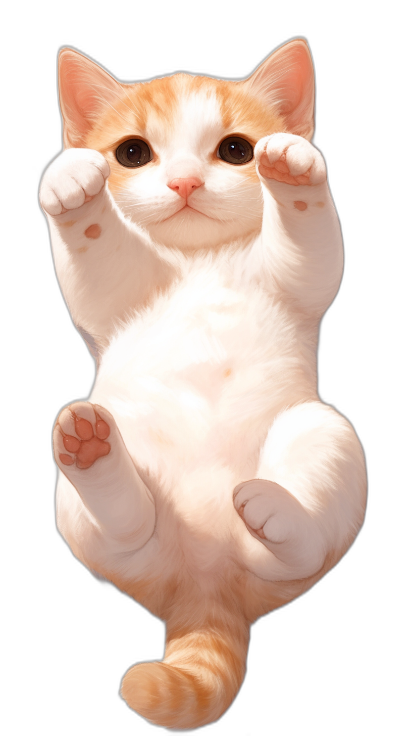 A cute orange and white cat, chubby body, hands raised above its head, lying on its back with two paws hanging down, eyes open wide, black background, top view, in the style of anime, cute expression, high definition, high resolution, super detailed.