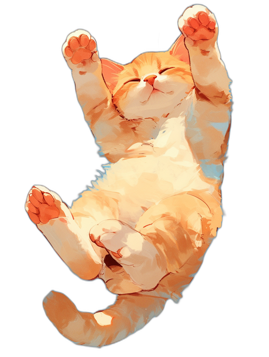 A cute orange cat is lying on its back, with two front paws raised and one paw placed in the air. The cartoon style of the illustration features an oil painting effect. It has strong contrast between light and dark, and bright colors. Black background.