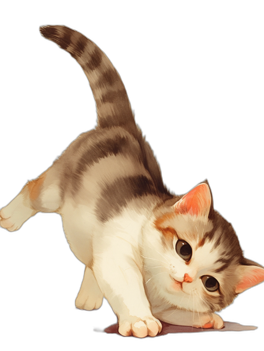 A cute cat is playing on the ground, full body shot, in the style of anime, black background, sticker art design, high resolution, high quality, high detail, digital airbrushing technique, cartoon realism, color animation stills, flat illustration.