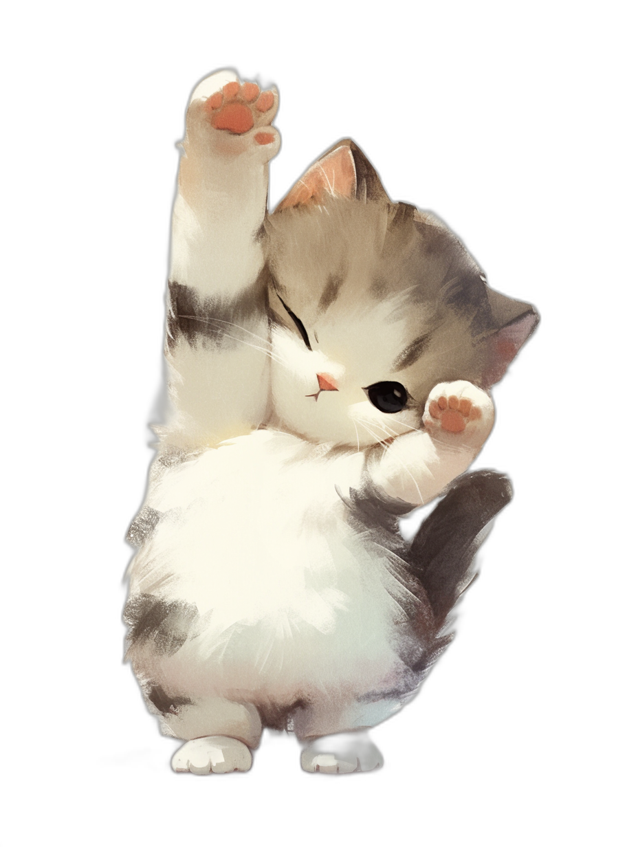 Cute cat, white and gray color scheme, doing the yoga pose with both hands raised above its head, smiling expression, black background, cute style, watercolor painting, full body shot, front view, high definition.