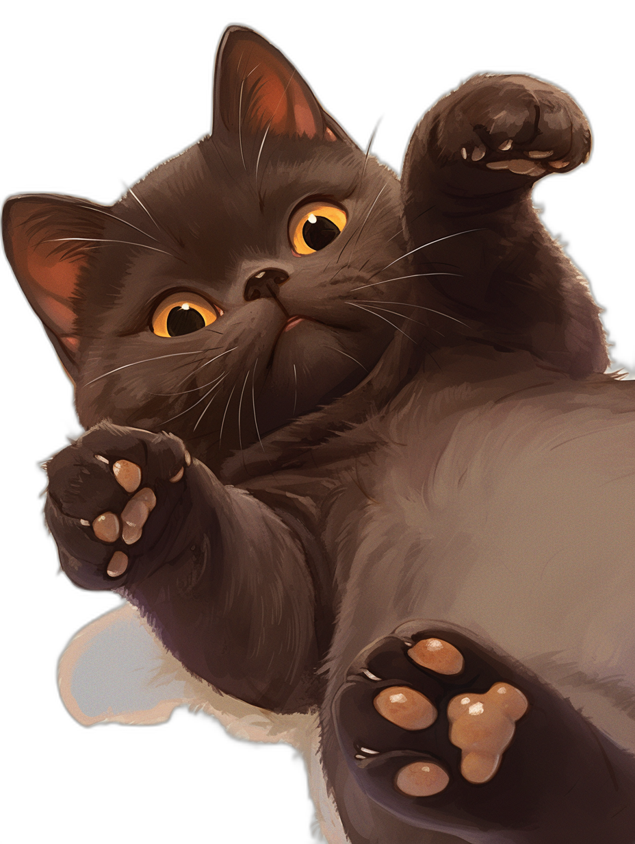 A cute black British shorthair cat, reaching out with its paws to the viewer, in the style of cartoon, in the style of anime, high quality, high resolution, on a dark background, yellow eyes, white belly and chest, a cute face expression, fluffy fur, detailed hands and feet.