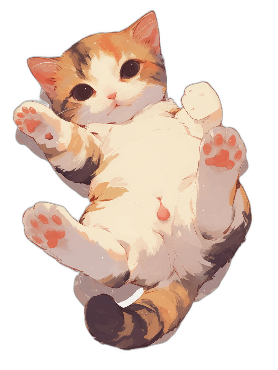 A cute chibi cat laying on its back with paws up in the style of [Yuumei](https://goo.gl/search?artist%20Yuumei), light brown and white fur, full body, with a childlike innocence, against an isolated black background, with a cartoonish simplicity.