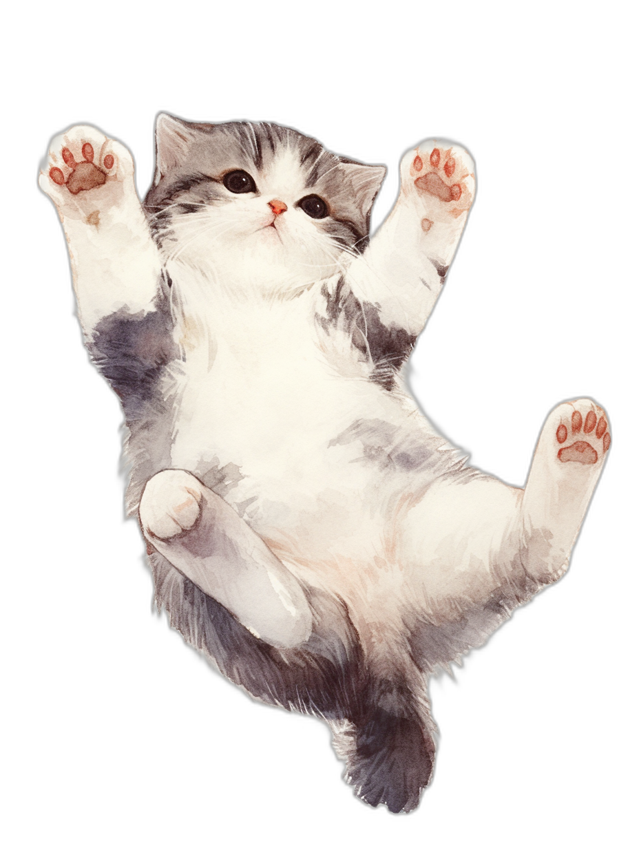 A white and grey cat, hanging upside down in the air with its paws outstretched towards you, cute illustration in the style of watercolor, full body shot against a black background.