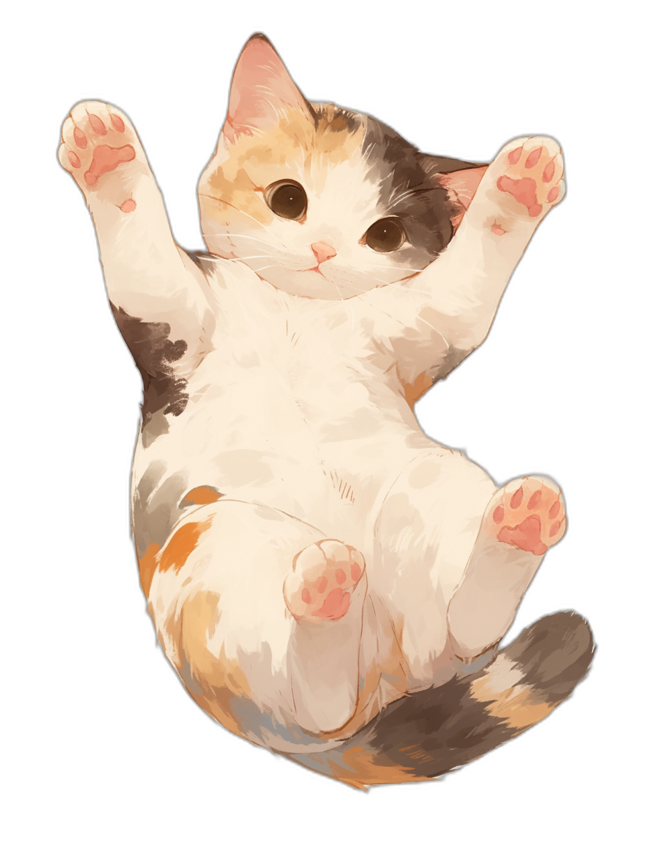 Cute cat lying on its back with paws up in the air against a simple black background in the style of anime. Digital art.