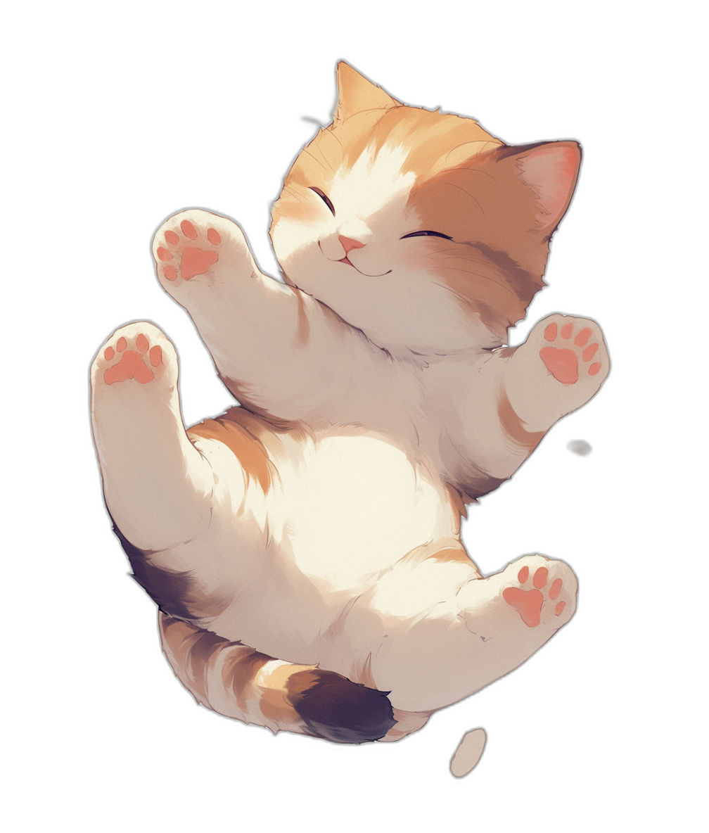 Cute anime cat floating in the air, smiling and playful expression, white paws with orange color on top of its claws, vector art style, simple black background, high resolution, high quality, high detail, perfect artwork, artwork in the style of a masterpiece, artwork in the style of best quality, digital painting in a natural lighting style.