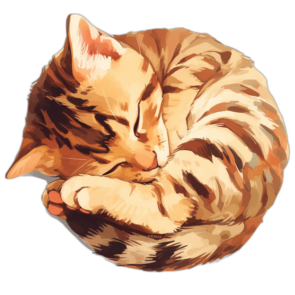 a realistic illustration of an orange cat curled up sleeping, vector art style, isolated on black background, tshirt design graphic, ultra detailed, smooth and sharp focus