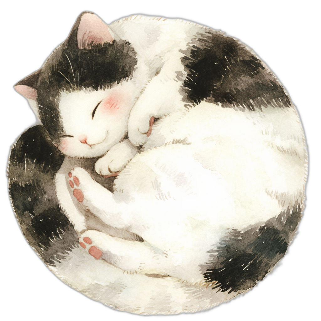 watercolor, cute and adorable black & white cat cuddling up to each other curled into an endless circle in the style of clipart on a Black background