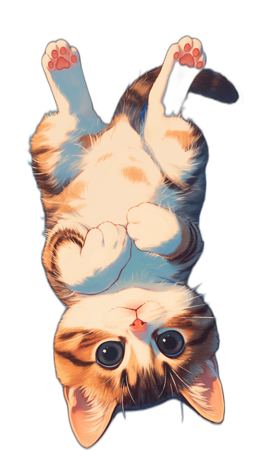 Illustration of a cute cat upside down, vector art, in the style of cartoon, digital painting, full body, black background, high resolution