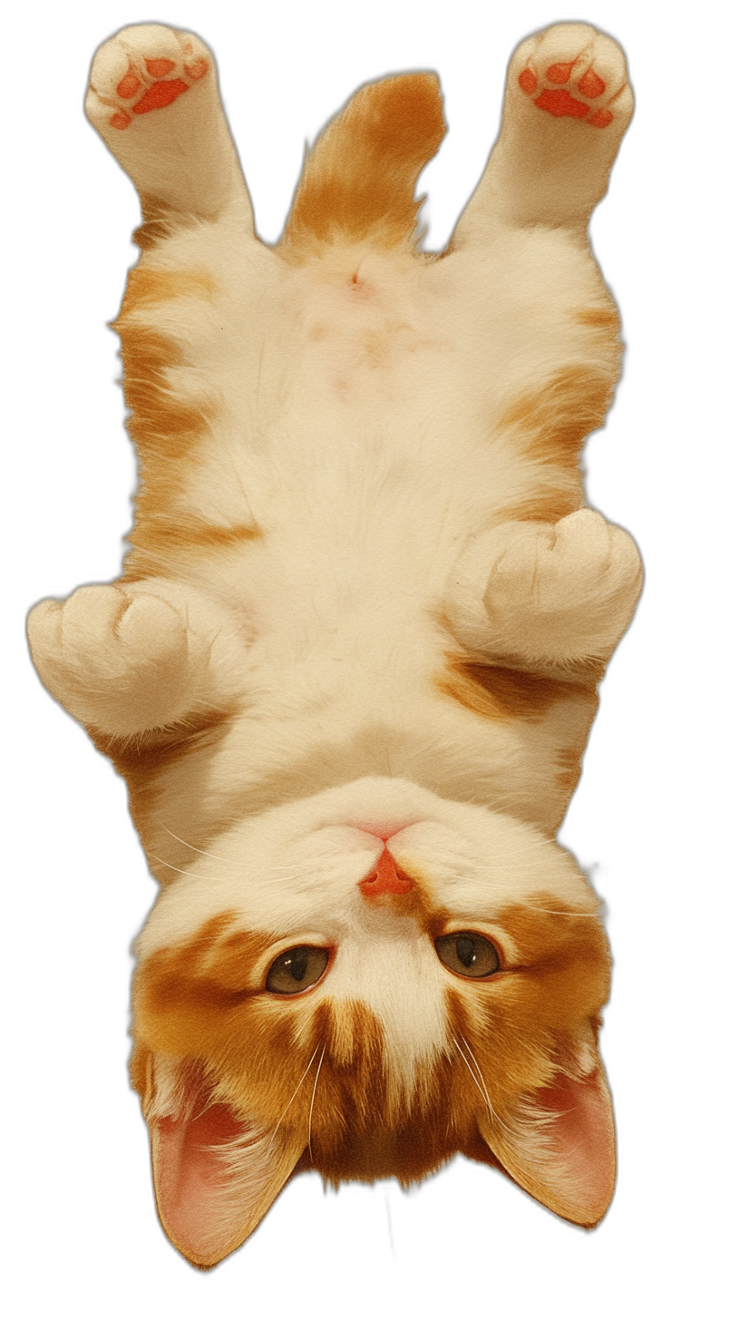 A white and orange cat upside down on a black background, cute and photo realistic in the style of high resolution photography.