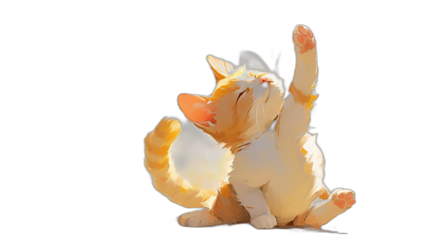 A cute yellow and white cat is sitting on its hind legs, reaching up with one paw to touch the sky, against a black background, in the style of anime digital art.