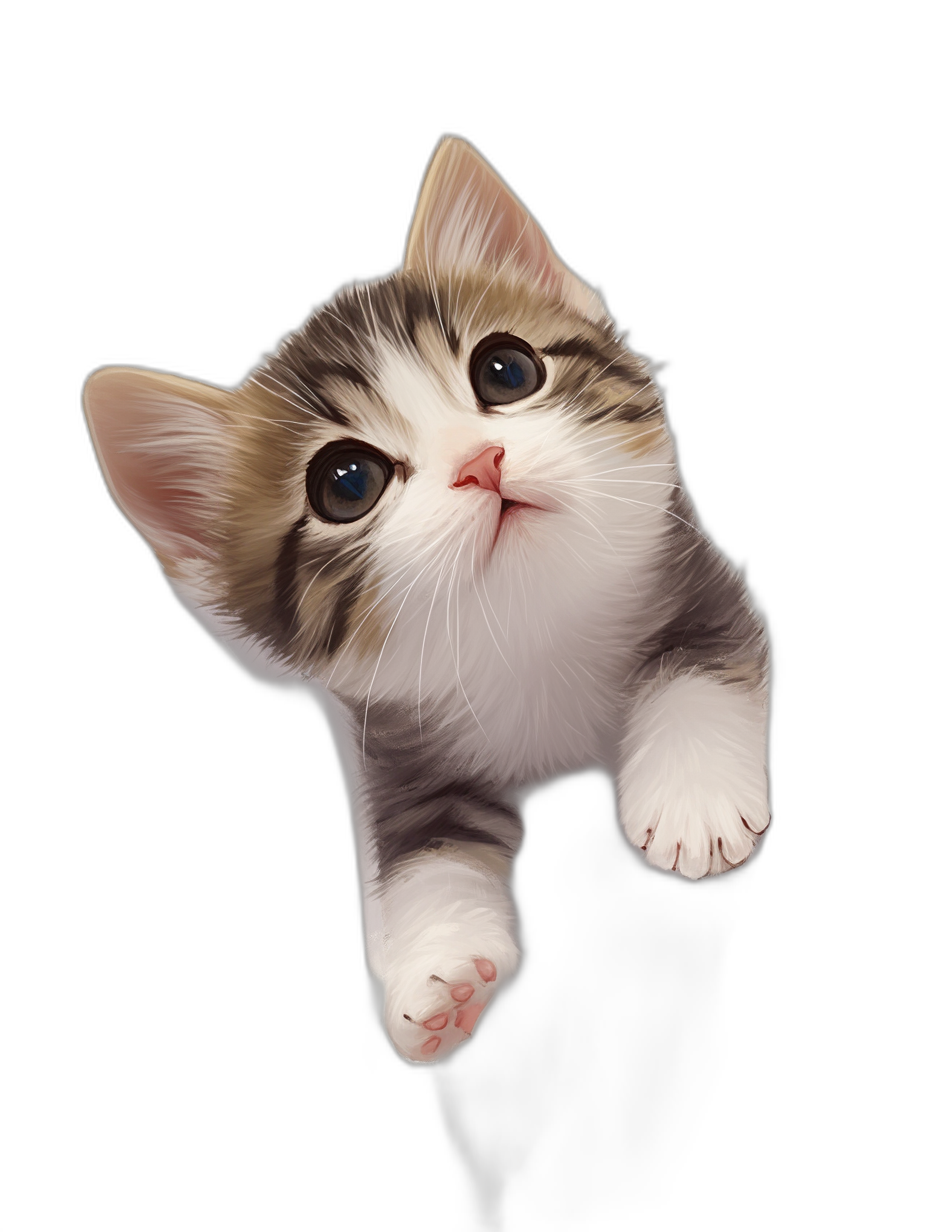 3D render of a cute kitten looking up at the viewer, in a cartoon style with a black background, sticker art, high quality.