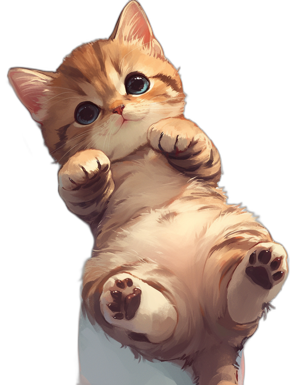 cute fat kitten, hanging upside down from the ceiling, cute big eyes, chibi style, digital art in the style of [Kawacy](https://goo.gl/search?artist%20Kawacy), high resolution, black background, full body portrait, paws