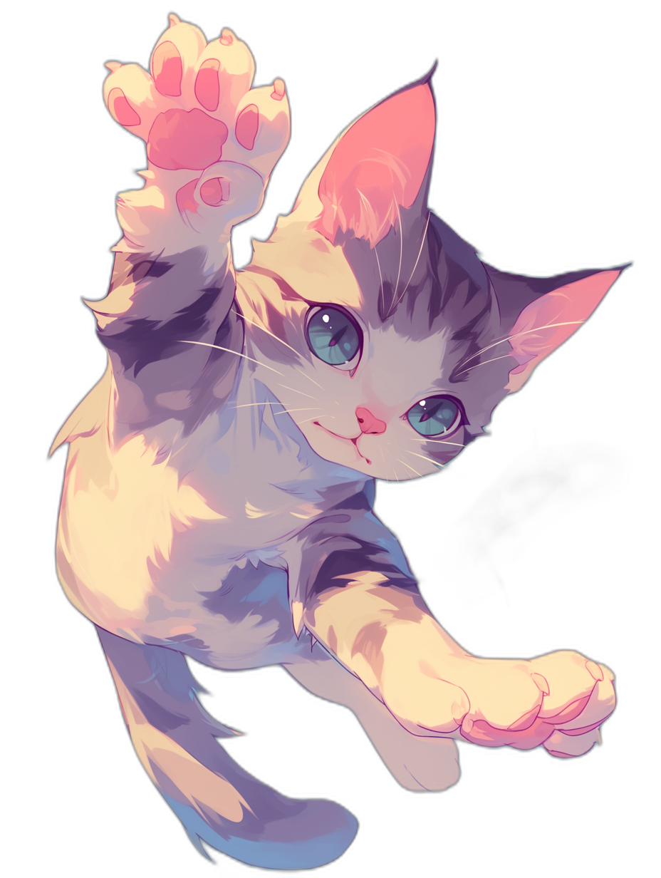 A cute cat, with pink and white fur and blue eyes, jumping up high with paws raised, in the style of anime with a simple black background, as a flat illustration full body portrait with a warm light effect and high resolution. The image is a closeup of the kitten’s front view. It has an adorable expression on its face, and both paws appear to be waving in the air. This depiction highlights the playful nature of cats as they jump or play.