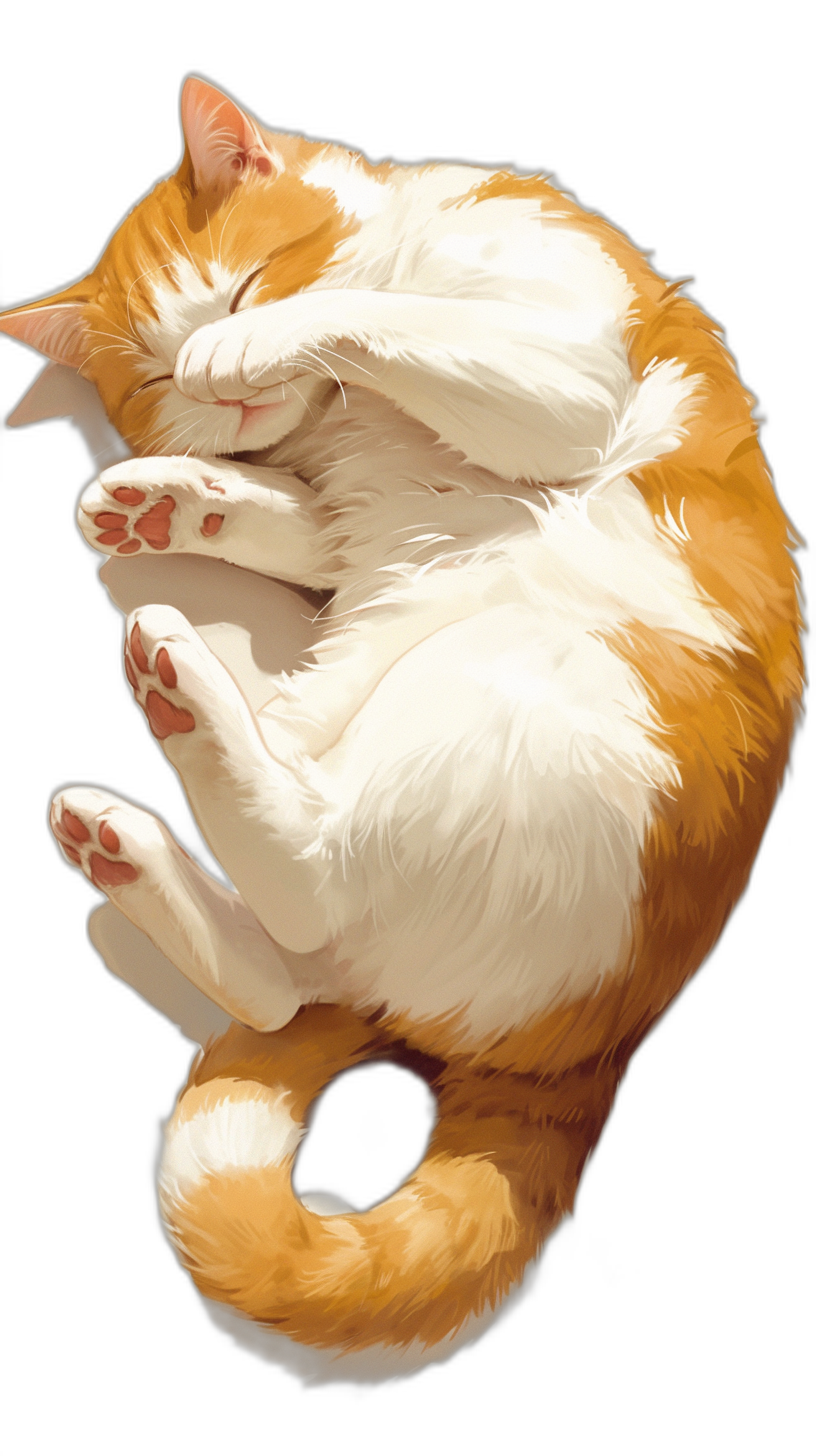 An orange and white cat curled up sleeping, cute in the style of anime, full body, black background, digital art.