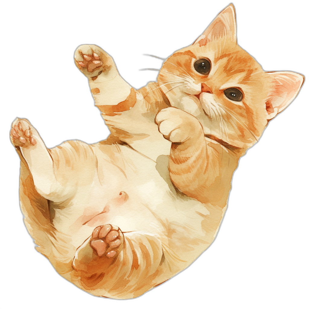 A cute orange and white cat is lying on its back, with four paws raised up in the air. The illustration style features watercolor painting, anime aesthetics, high resolution, and a black background. It has an aerial view of the entire body, in the style of anime.