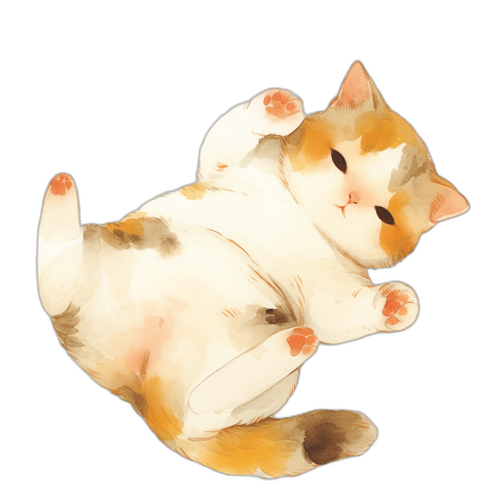 A cute fat cat is rolling around on its back in the style of a vector illustration, in the simple watercolor painting style, with a black background, from a top view, in a closeup shot of the body and feet.