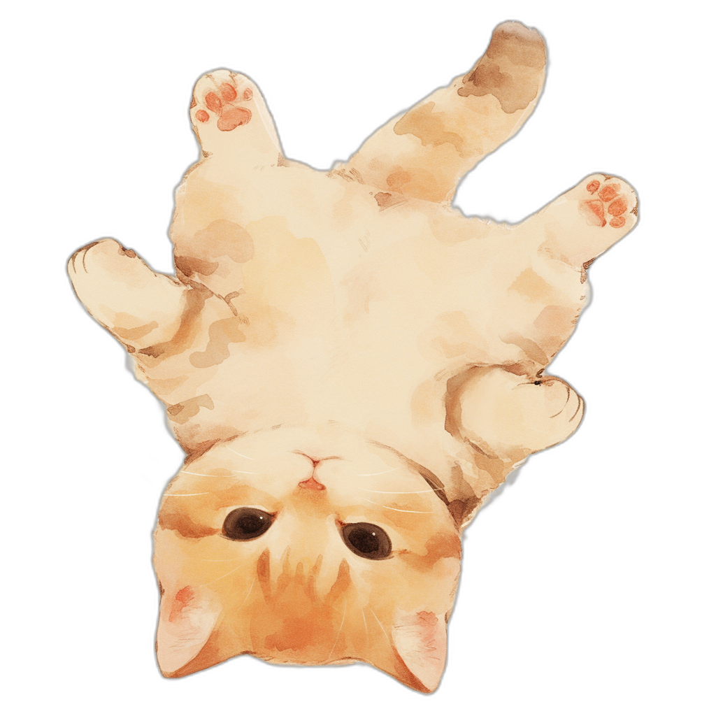 A cute cat hand drawn in the style of watercolor, upside down pose, cartoon illustration, solid black background, high resolution