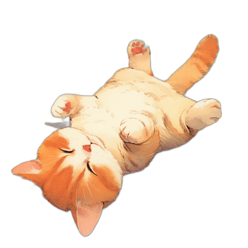 A cute orange and white cat lies on its back, belly up with paws hanging down on a black background. The illustration style is in the anime art form of [Hayao Miyazaki](https://goo.gl/search?artist%20Hayao%20Miyazaki). It is a high quality, high resolution image with a cartoonish feel. This depiction should capture an adorable moment where the cat is lying flat without any shadows. It has no tail or feet raised from above.