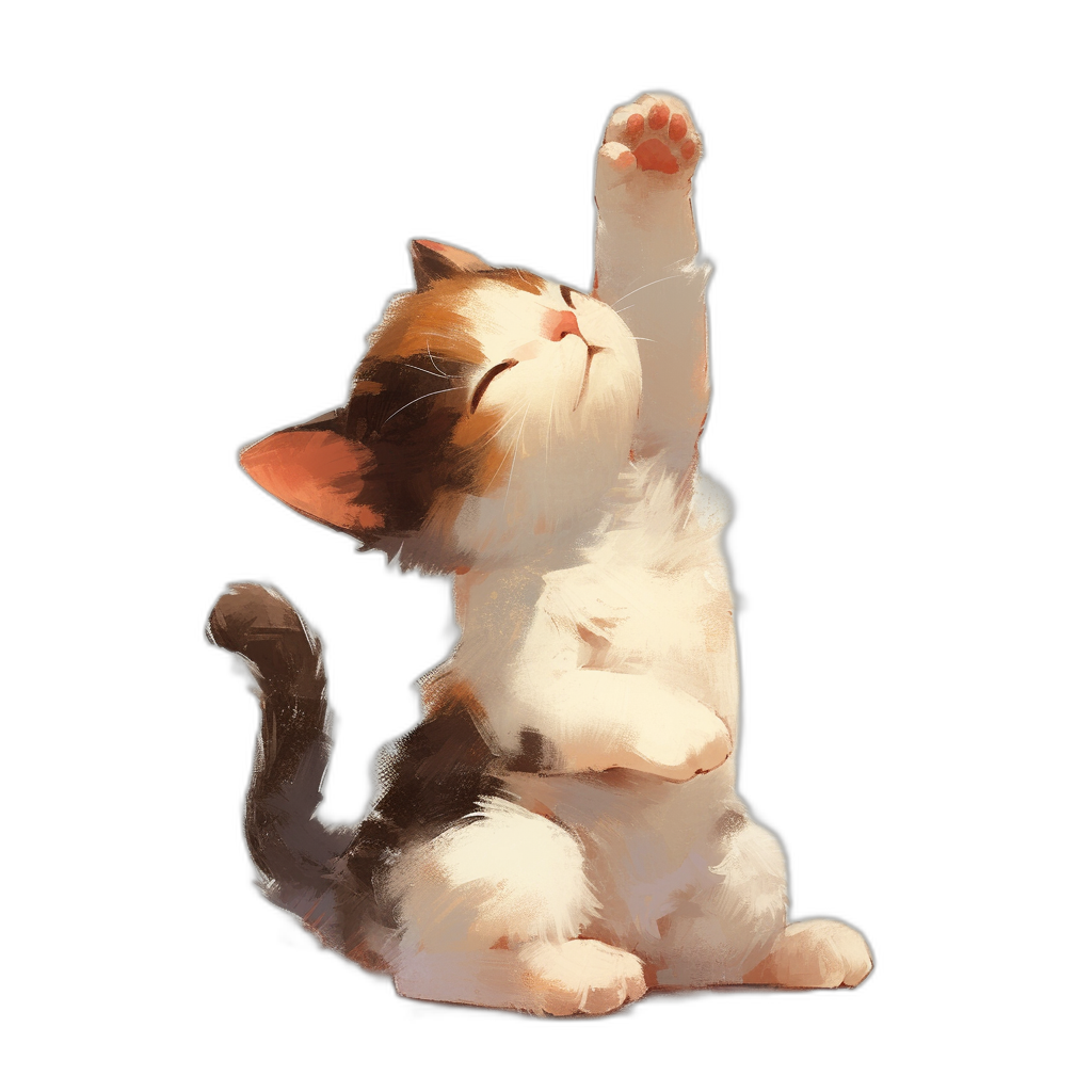 Cute cat, reaching up with one paw to touch the sky, smiling expression, black background, in the style of anime, illustration, flat design, high resolution, high detail, digital art, cute, adorable, white belly and tail, brown face and ears, pink nose, white feet and paws, orange eyes, soft fur, white patch on chest.