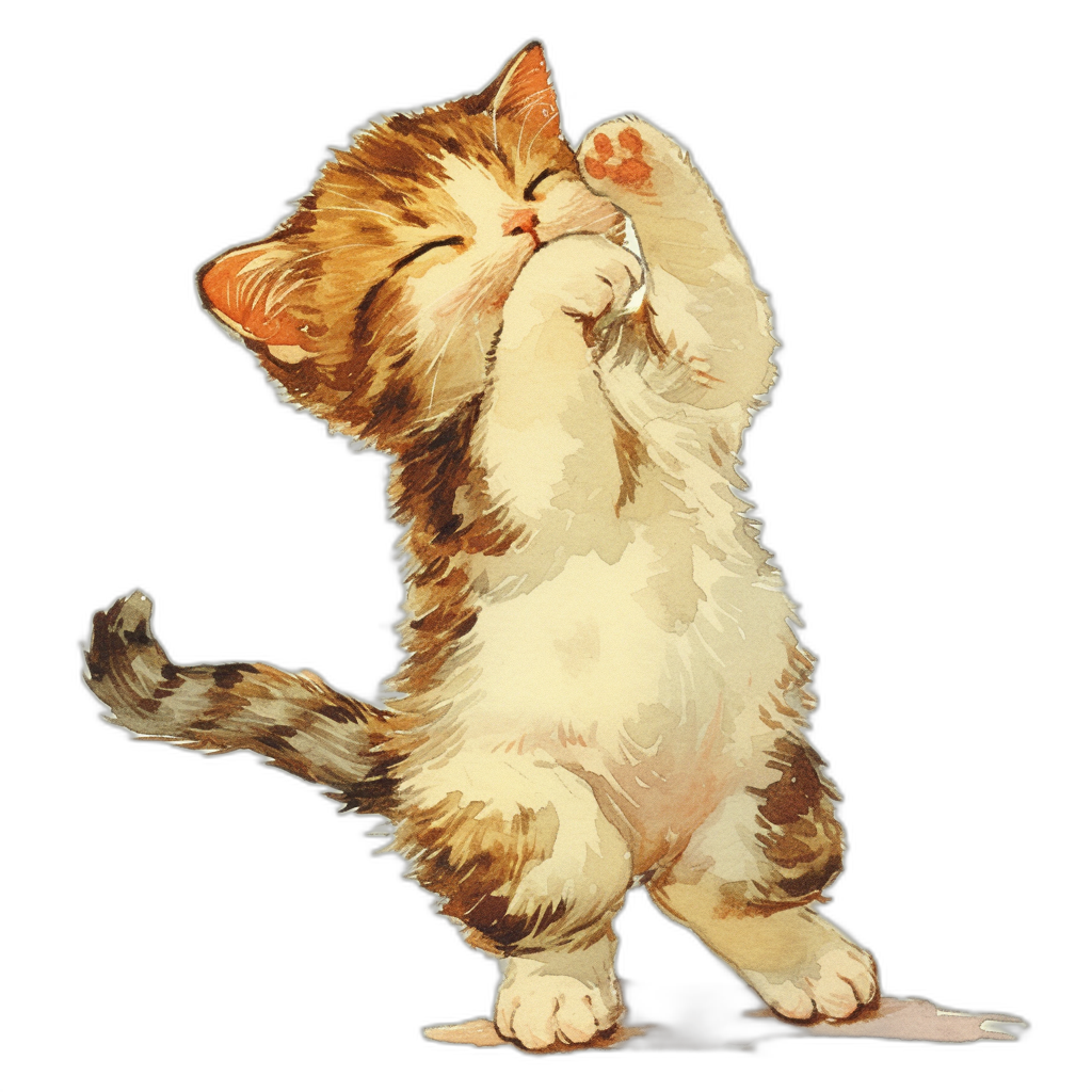 A happy, playful kitten performing the Heimlich maneuver in the style of a vintage illustration, vintage illustration style, isolated on a black background with a full body shot.