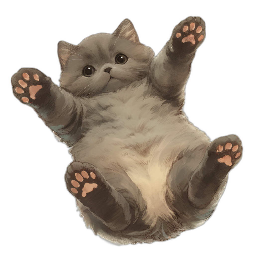 realistic digital illustration of an adorable fat British shorthair cat, floating in the air with its paws together and showing off against a black background, cute. The illustration is in the style of a realistic digital artist.