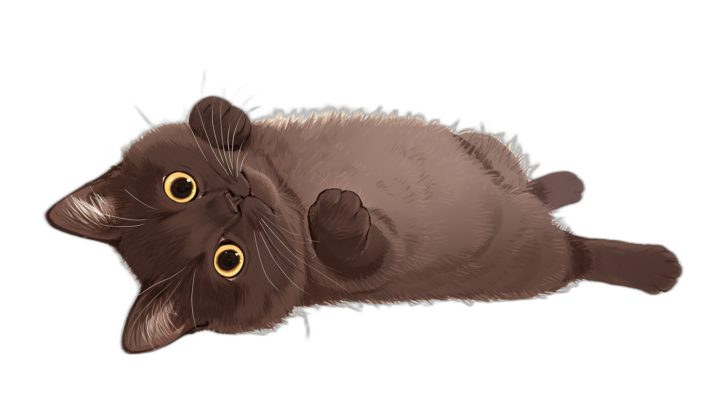 A cute chocolate brown British shorthair cat lying on its back in the style of cartoon, vector art, black background, cute, fluffy fur, big yellow eyes.