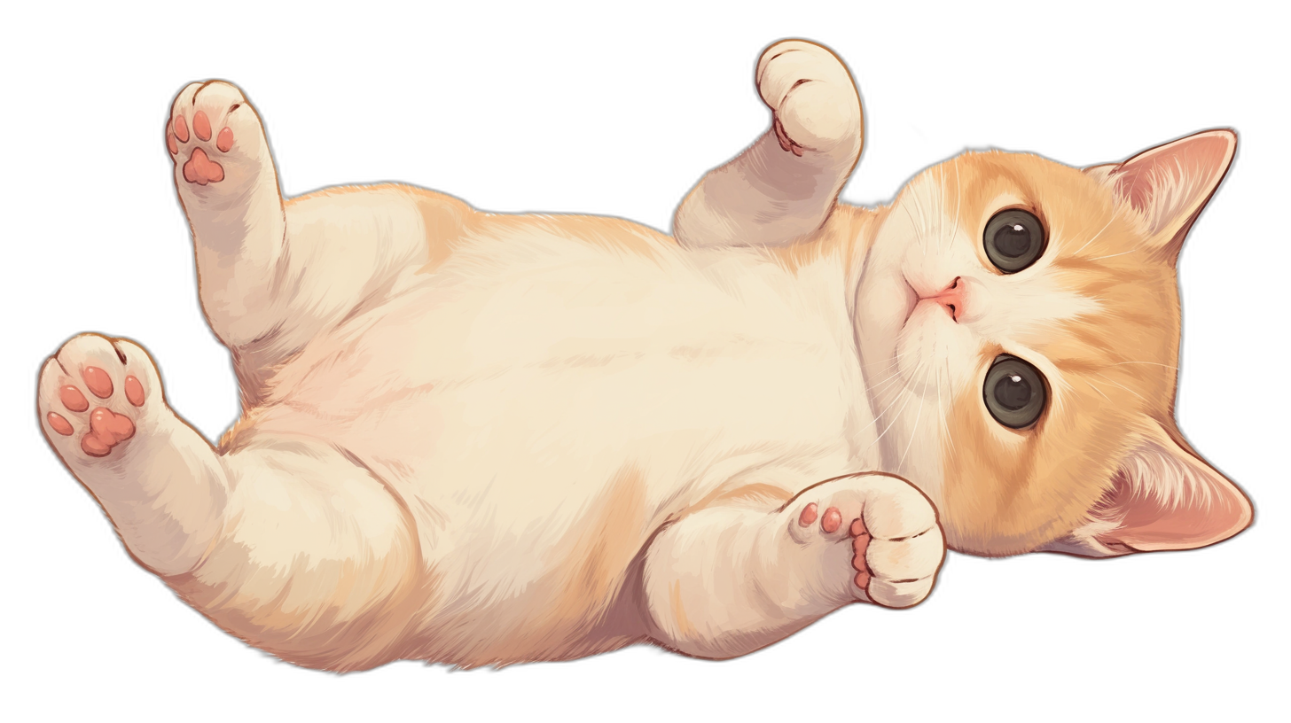 Cute cat lying on its back, top view, vector illustration style, in the style of anime, high resolution, using digital art techniques, colorful cartoon characters, high definition, high quality, high detail, sharp and contrasting, with saturated colors, cute, cartoonish and adorable, on a black background, white fur with pink paws.