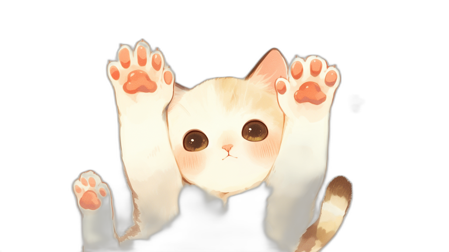 Cute cat’s paws, two hands raised in the air, black background, cartoon style, simple drawing, simple details, cute, in the style of Japanese anime, colorful, high resolution, sharp focus, professional photography, high definition.