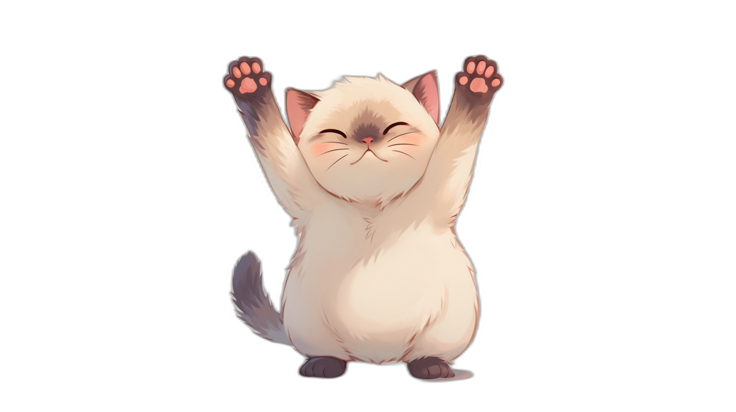 Cute happy smiling cat doing a yoga pose with a black background in the style of anime, chibi character design with a full body shot. A cute little white ragdoll kitten is shown with a pink nose and paws, arms raised above its head in an arched position and a cute expression on its face with soft lighting. It is a high resolution digital painting in a cute flat art style.