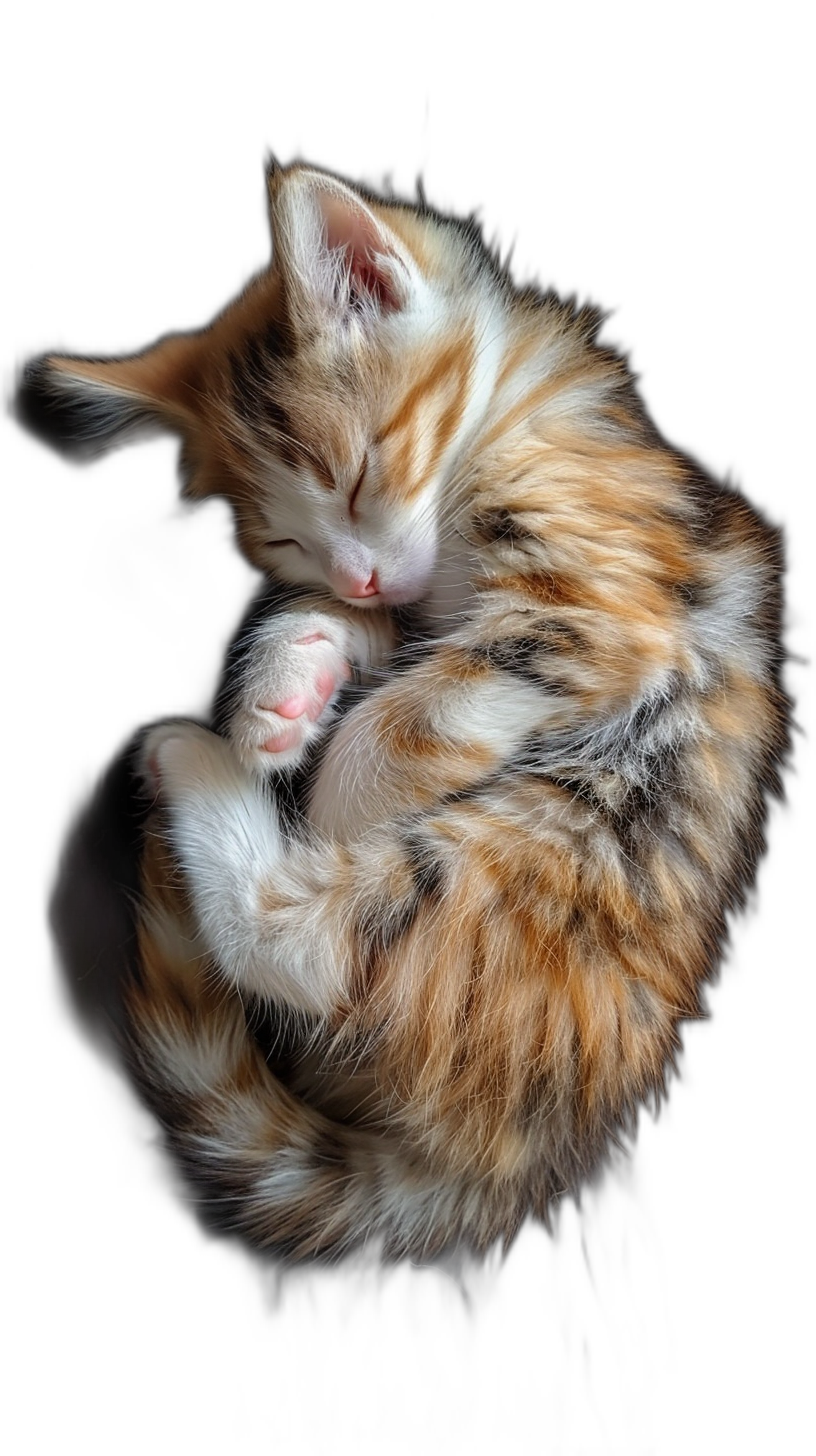 photorealistic fluffy baby calico cat curled up sleeping on a black background, in a full body pose.