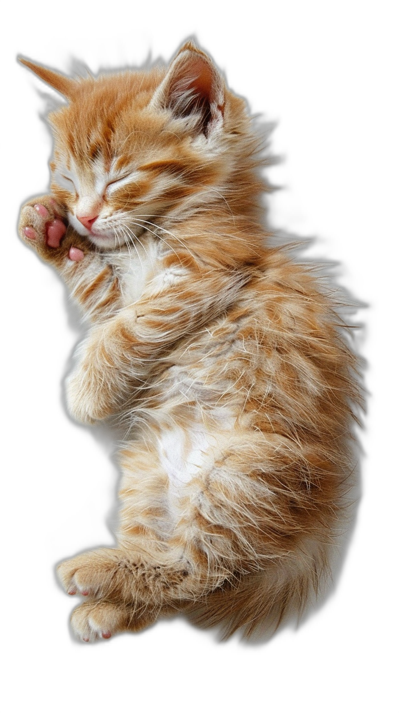 a sleeping orange kitten, jumping in the air, isolated on black background, high definition photography style