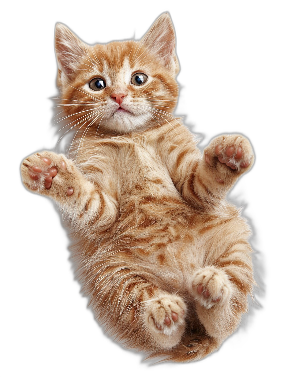 photorealistic full body shot of cute happy ginger kitten floating in the air, isolated on black background, funny pose,